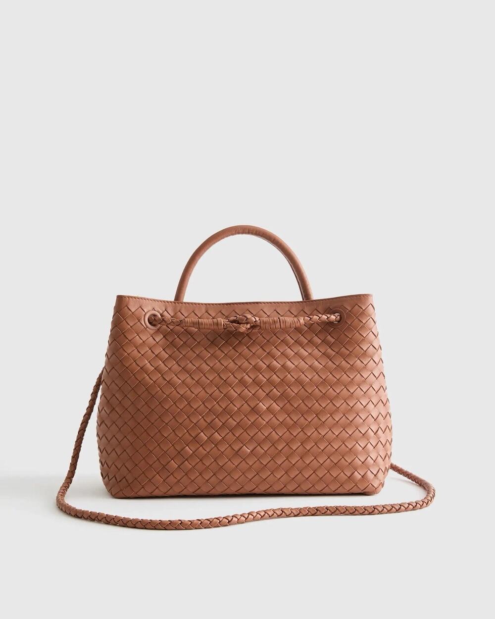 Quince Hand Woven Lamb Leather ROMY Brown Interciatto Top Handle Crossbody Bag